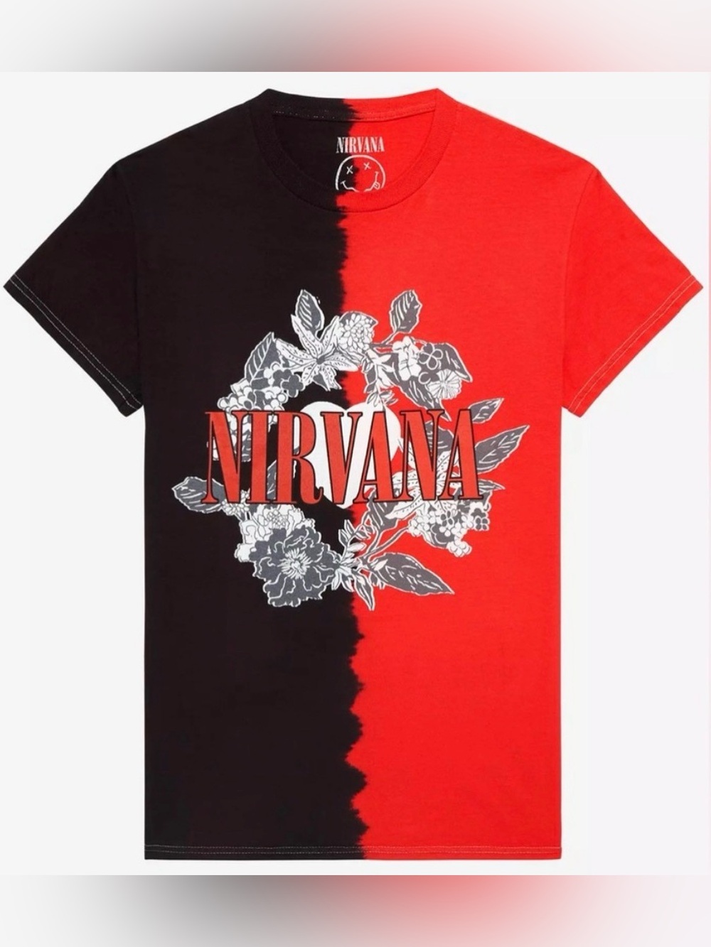 NWT Hot Topic Nirvana Small Heart & Flowers Split-Dye Boyfriend Fit T-Shirt Band